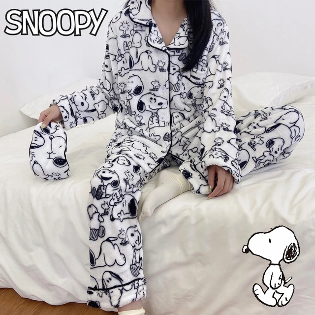 Snoopy Winter Warm Flannel Women Pyjamas Sets Cute Japanese Sleepwear Men  Couple Long Sleeves Fleece Plush