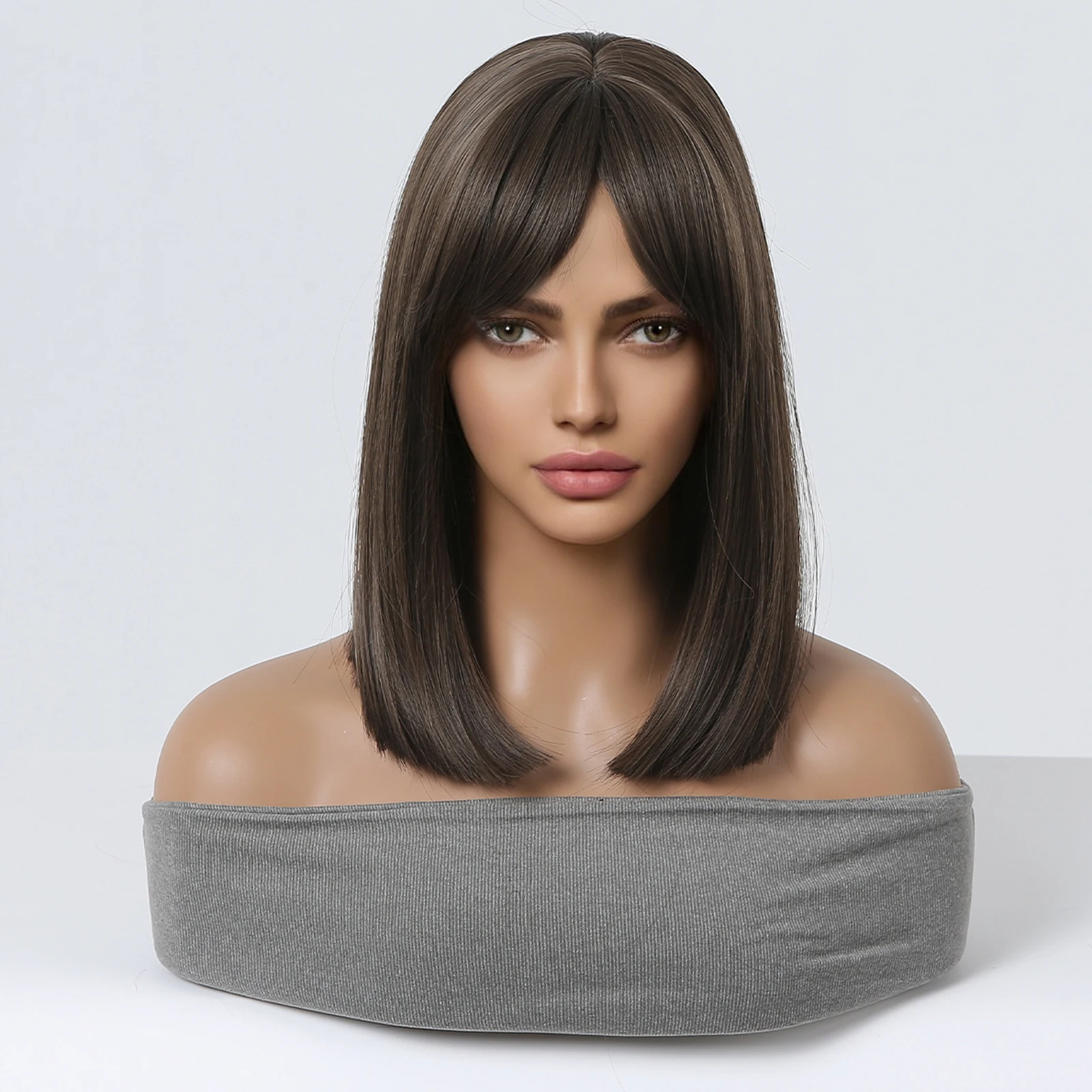 Dark Brown Straight Shoulder Length Synthetic Wigs with Side Parted Bangs for Women Daily Party Cosplay Wig Heat Resistant Fiber