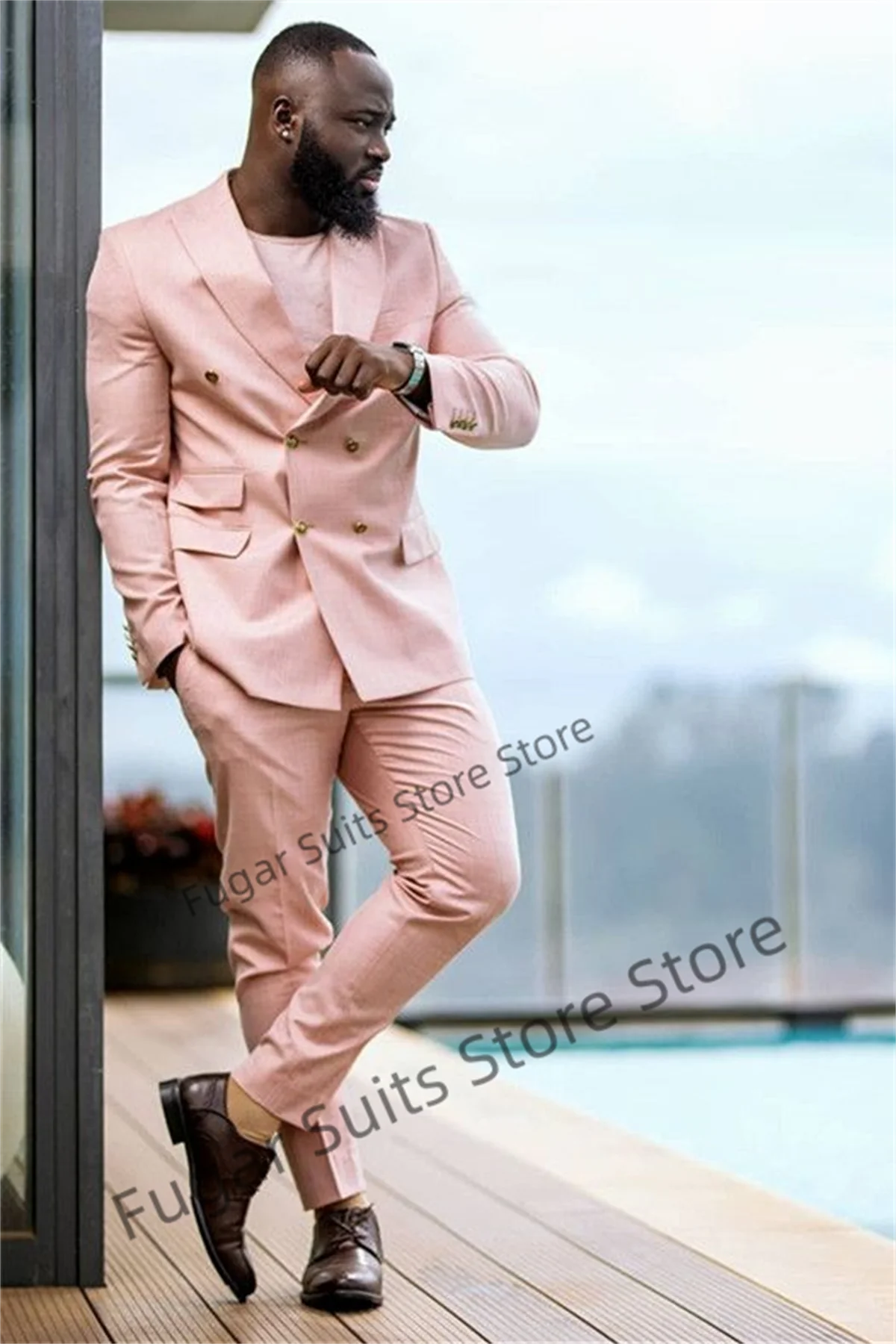 Fashion Pink Double Breasted Handsome Suits For Men Slim Fit Formal Wedding Groom Prom Tuxedos Elegant 2 PCS Sets Jacket+Pants