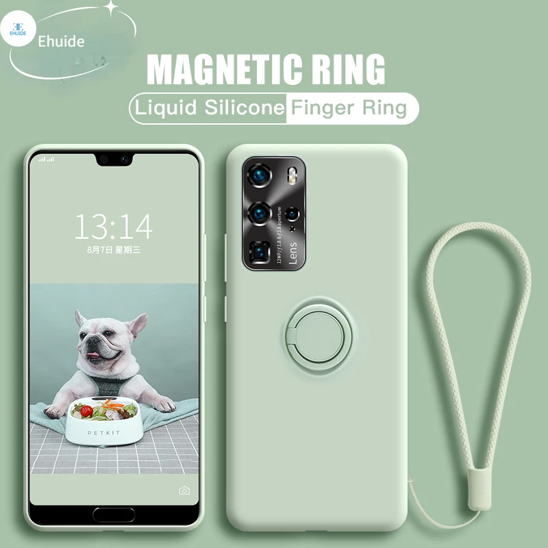 Magnetic Liquid Silicone Case with Ring Holder Stand - Soft Protective Cover