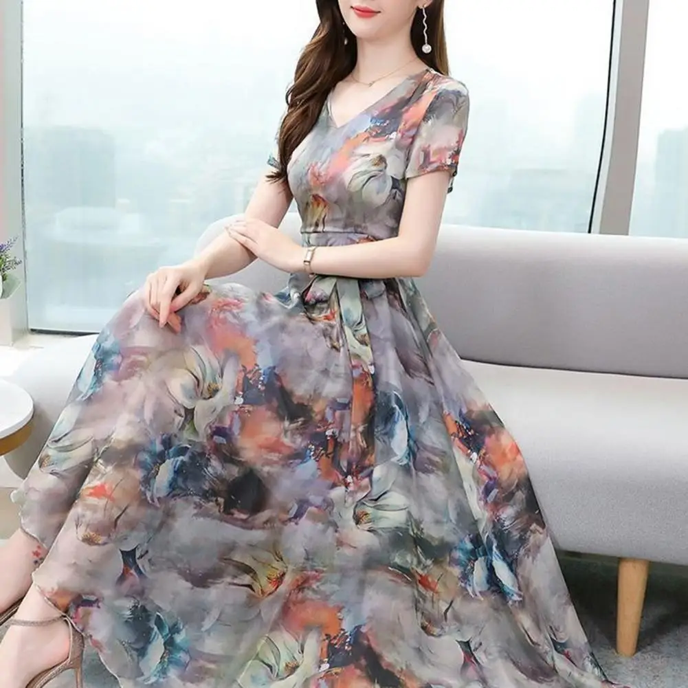 

Ice Silk Waist Waist Dress Elegant Floral Print A-line Maxi Dress with Lace-up Detail V Neck Luxurious Women's for Parties