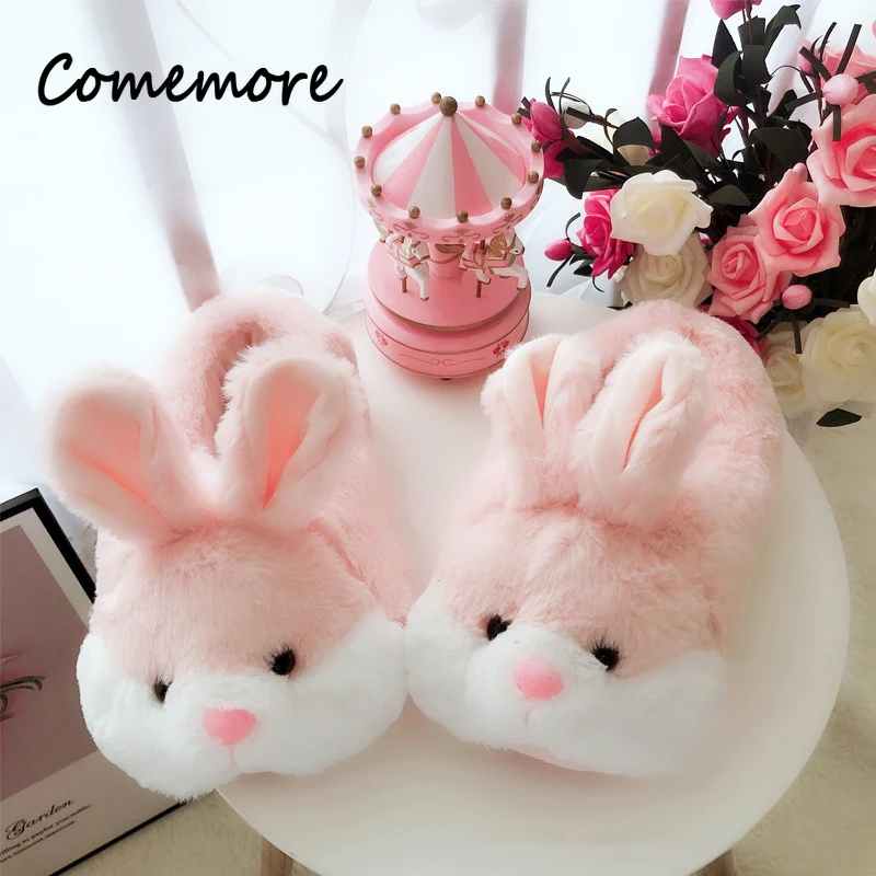 Comemore Women Cute Animal Slippers Girls Rabbit Home Shoes Plus Size 44 Non Slip Flat Autumn Winter Warm Slipper Plush Men
