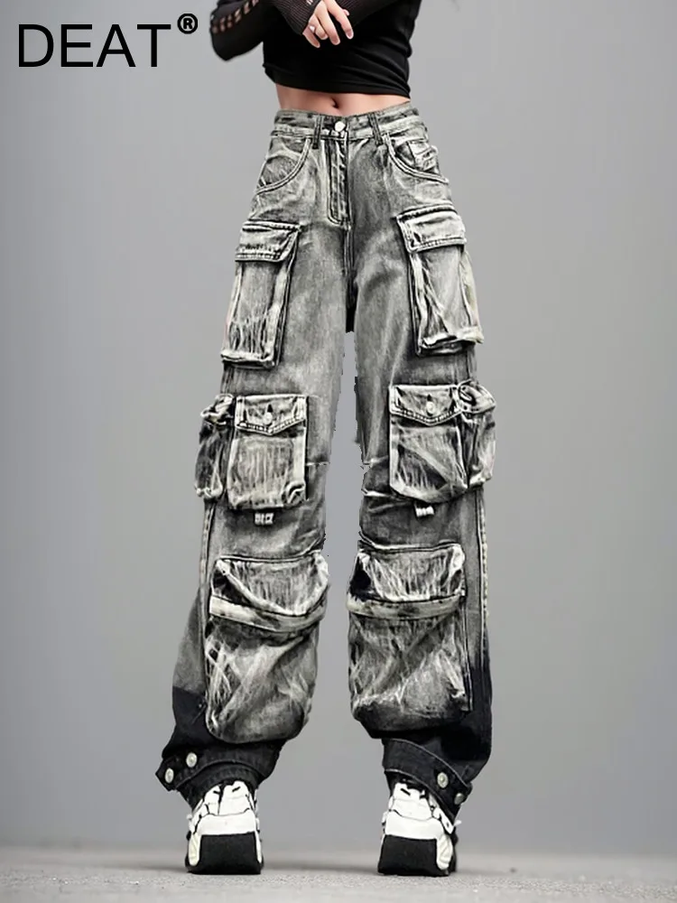 

DEAT Women's Jeans Gradient Grey Loose Multiple Pockets Straight Wide Leg Denim Cargo Pants 2024 Summer New Fashion 29L3268