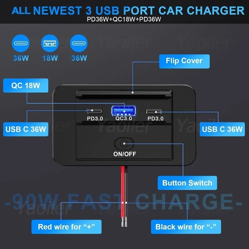 업그레이드된 3포트 12V RV USB C 콘센트 90W 듀얼 PD3.0 및 QC3.0 해양 버스 트럭용 패널 벽걸이형 자동차 USB 소켓 충전기 어댑터