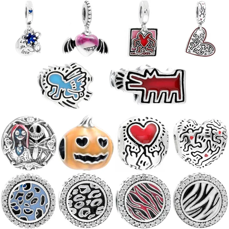 

Бусина-Шарм из серебра 925 пробы с леопардовым принтом зебры, вампиром, крылом, сердцем, цветущим цветком, модный браслет «сделай сам»