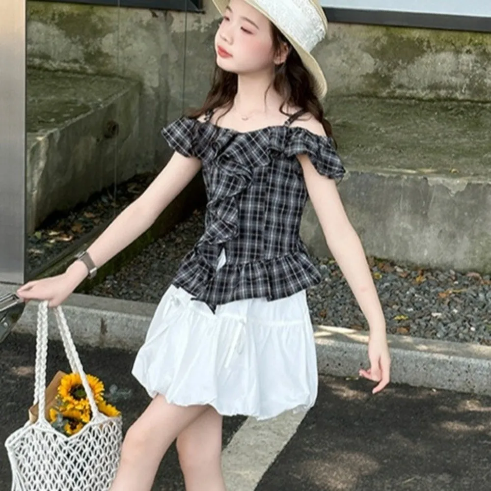Grid Pleated Kids Ruffles Short Dress Camisole Top Suspenders Girls Puff Sleeve Skirt One Shoulder Neck Short