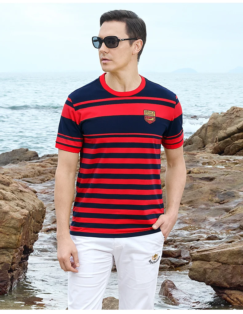 New Straight Men's Short T-shirt Round Neck Bruce&Shark Fashion Men's Stripe Tee Stretch Cotton Summer Breathable Tops Big Size 25 S733e56274f374c5e954c5f947485baa7w