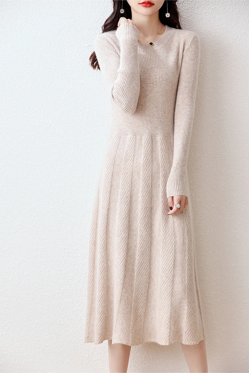 Women's Round Neck Pleated Dress, 100% Merino Wool, Multi-Color Long Sweater Traf, Autumn, Winter, New, Official 3