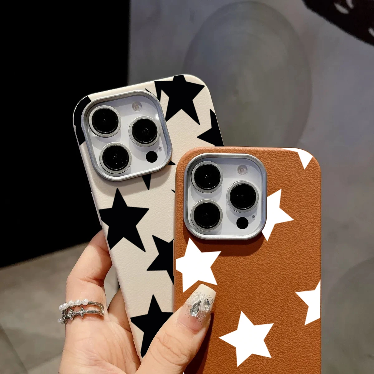 Black White Stars Lichee Pattern Shockproof Phone Case with Bumper Protection