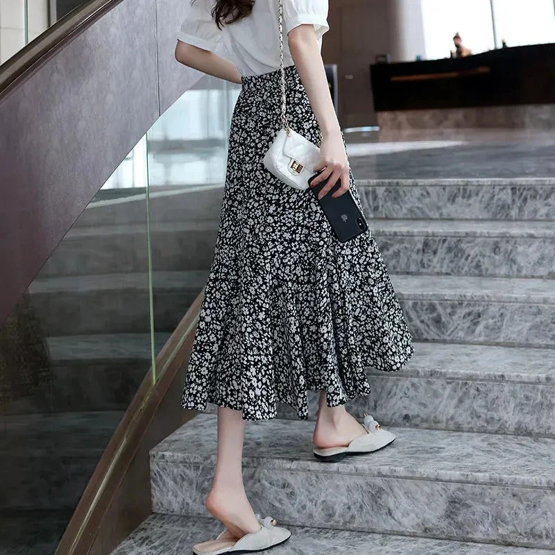 

2023 New Spring Summer Skirts For Women's Clothing Elegant Pleated Floral Chiffon Skirt 109