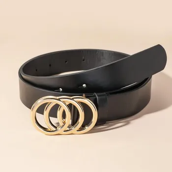 Fashionable three circle gold buckle versatile waist belt