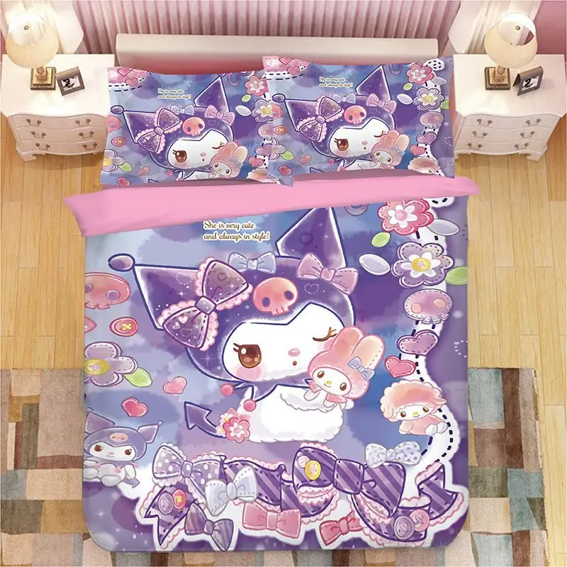 

Комплект постельного белья kuromi Sanrio с пододеяльником и наволочками, мультяшная фигурка kuromi, удобное дышащее мягкое домашнее постельное белье
