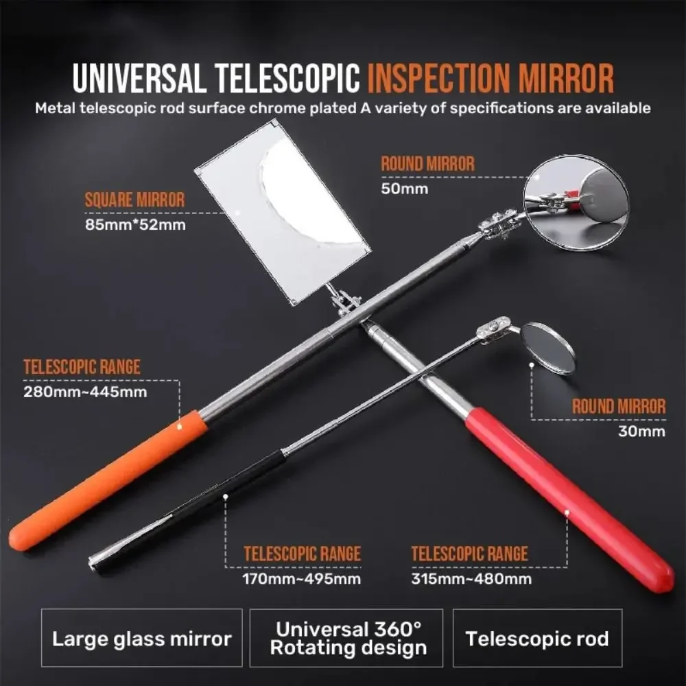 New Extendible Inspection Rotatable Mirror Stainless Steel Round Retractable Mirror Square Detection Tool Equipment Automotive