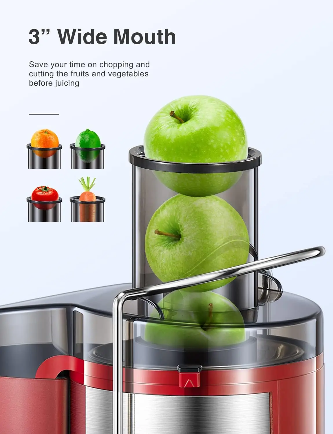 Qcen Juicer Machine, 500W Centrifugal Juicer Extractor with Wide Mouth 3” Feed Chute for Fruit Vegetable, Easy to Clean, Red 2
