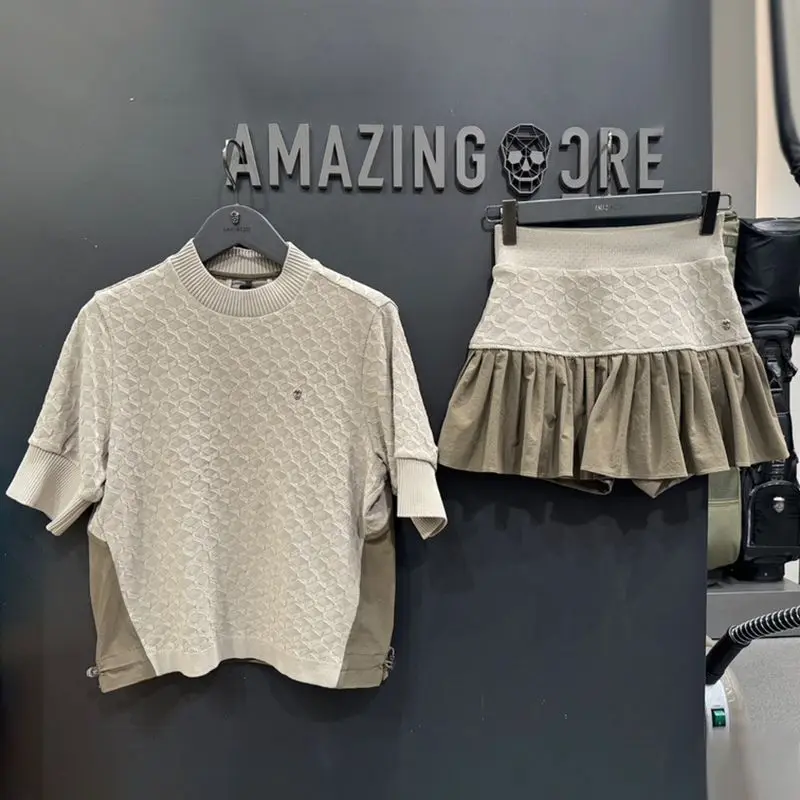 AMAZINGCRE New Women's Golf Outdoor Leisure Sports Short-sleeved Top Ruffle Edge Skirt Fashion Suit