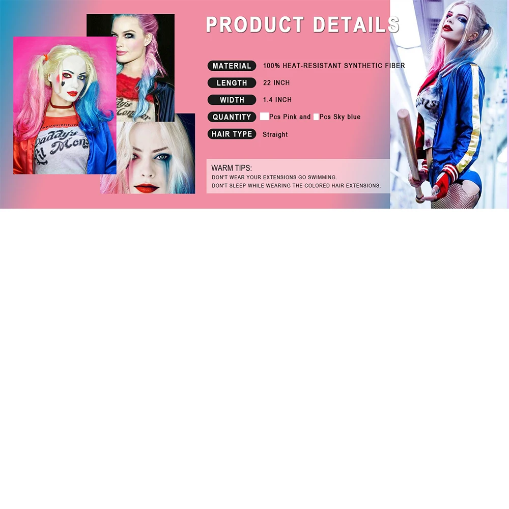 Synthetische 10-teilige Haarverlängerungen, rot und blau, Clip-in-SOlldag, farbige Party-Highlights, gerades Haarteil für Kinder, Mädchen, Frauen – Detail 1