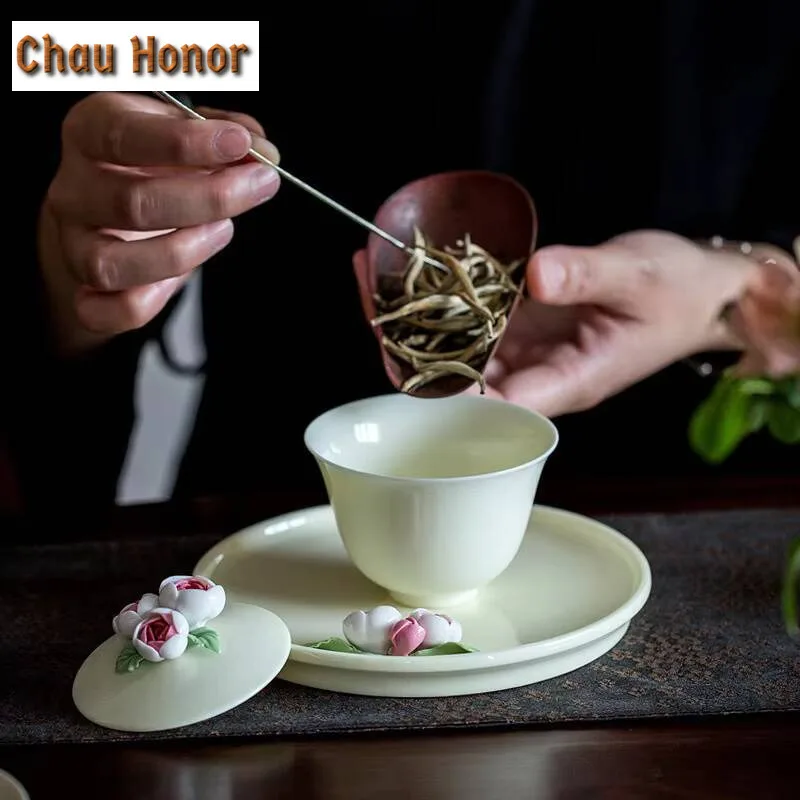125ml High-end Handmade Pinch Flowers Gaiwan Tea Tureen Tea Bowl with Lid Kit Tea Maker Cover Bowl Chinese Tea Set Ornaments