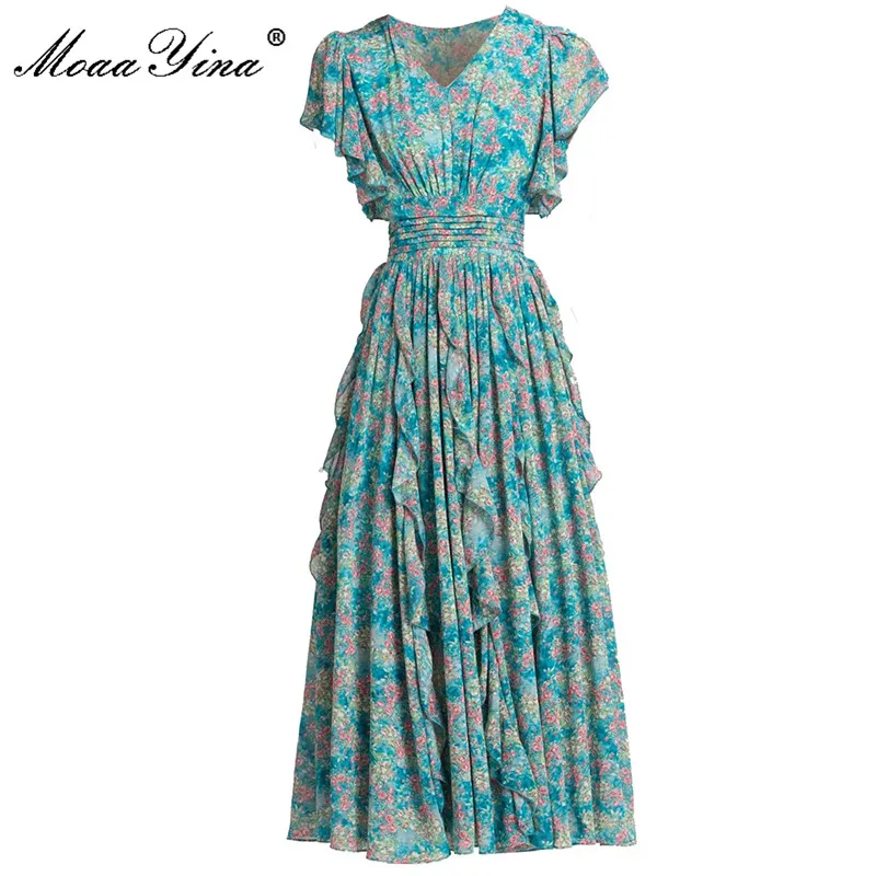 

MoaaYina, модное дизайнерское платье, летнее женское платье с v-образным вырезом, рукавами-бабочками, эластичным поясом, цветочным принтом, оборками, винтажные платья