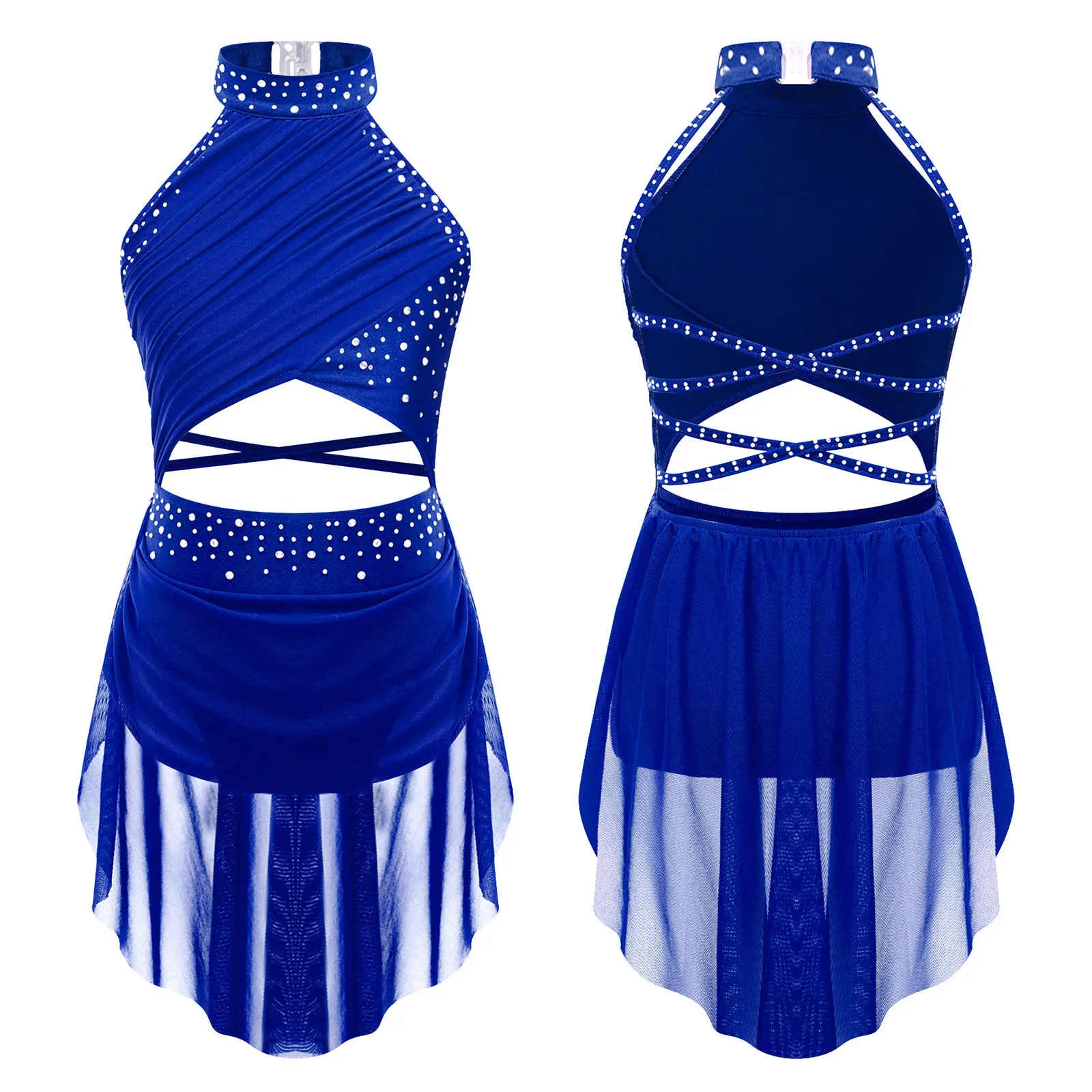 thumbnail image 1 of Vestido de leotardo superpuesto con espalda descubierta y tiras para niños y niñas, traje de actuación de baile latino lírico con diamantes de imitación brillantes, 1 of 5