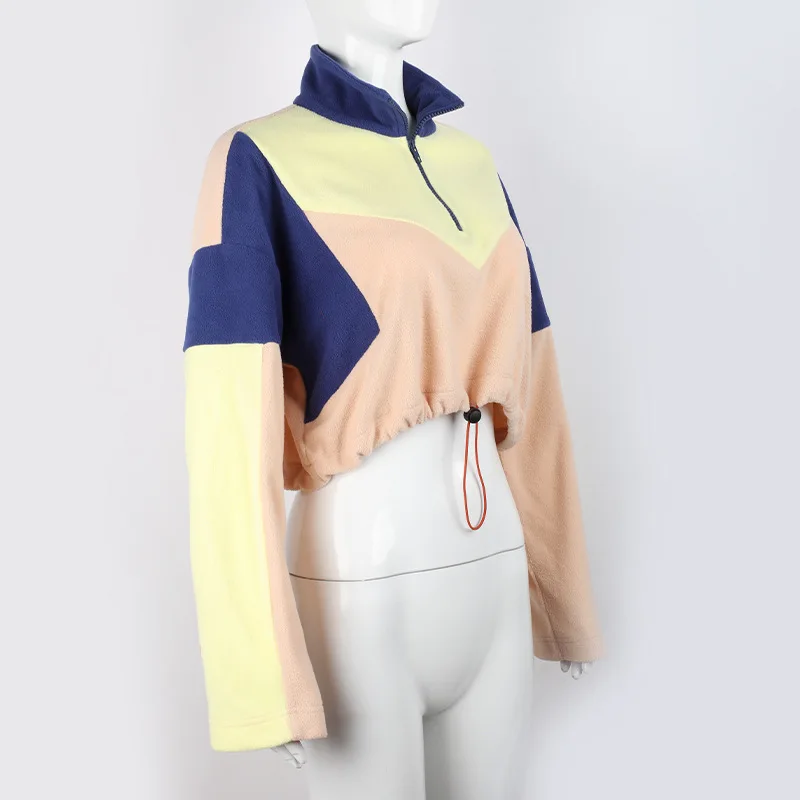 New Fashion Women Contrast Patchwork Short Sweatshirt Retro Women's Zipper Stand Collar Casual Girl Long Sleeve Winter Top