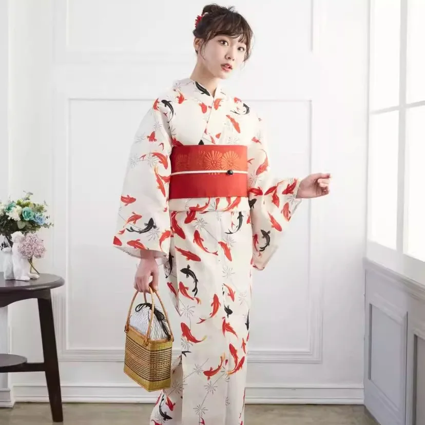 Women's Japanese Yukata Kimono 160cm Goldfish Print Summer Dress, Formal Lightweight Cotton