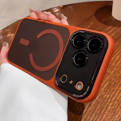 Luxury Matte Magnetic Phone Case with Camera Protection and Shockproof Armor Bumper Cover - iPhone 15 (Orange)