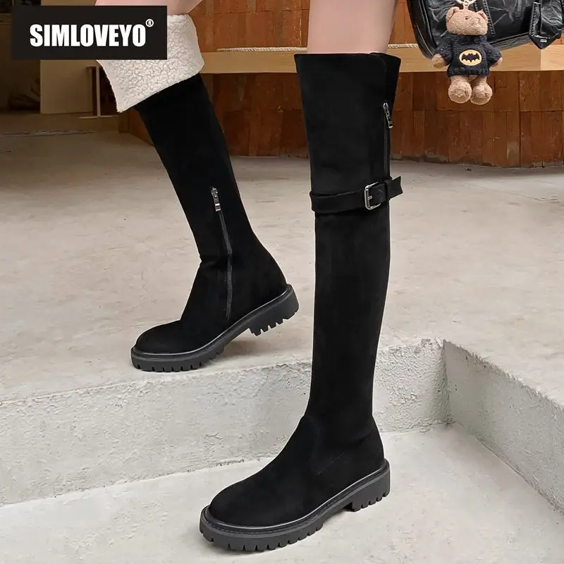 

SIMLOVEYO Winter Women Thigh Boots Flock Round Toe Flats Zipper Plus Size 41 42 Warm Plush Snow Bota Fashion Daily Female Shoes