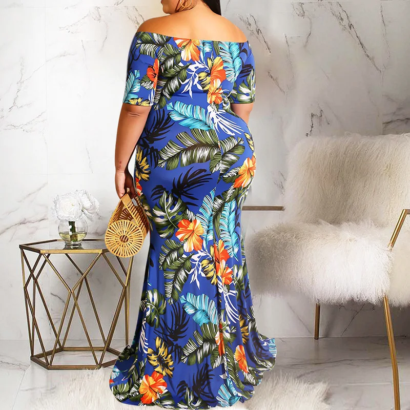 Summer Clothes for Women Robe Femme One Word Collar Sexy Floral Leaf Printing Bag Hip Backless Plus Size Maxi Dress Vacation