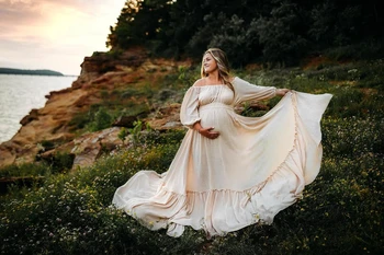 2025 Linen Boho Maternity Dress Photoshoot Off-Shoulder for Beach Summer dresses for pregnant baby shower studio