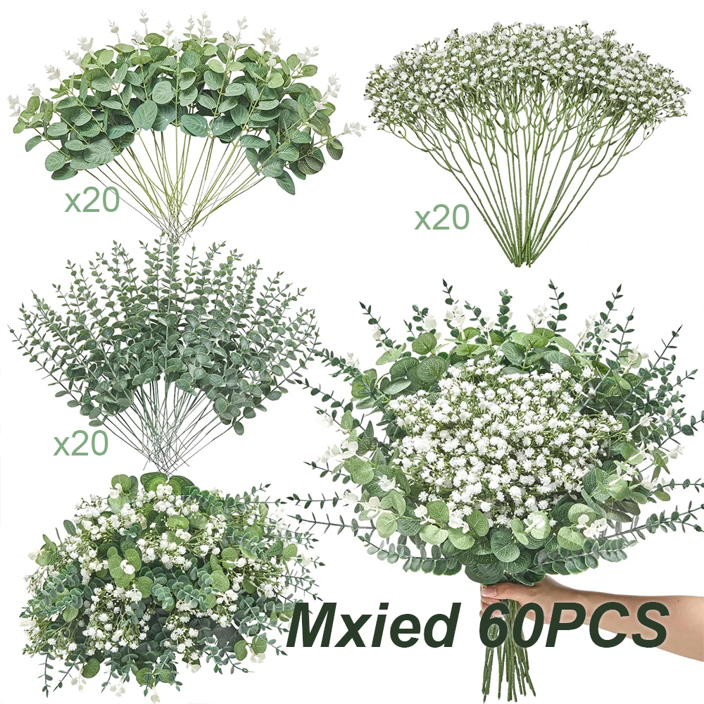 Mixed Artificial Flower Bouquets with Eucalyptus and Willow Leaves - 50PCS for Wedding and Home Decor Arrangements