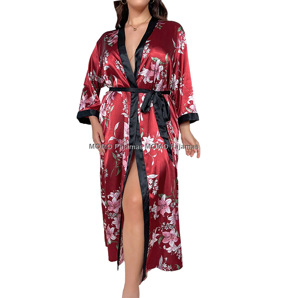 Women's Floral Printed Long Satin Robes Plus Size Full Length Silk Bath Robes 2XL-5XL Big Size Kimonos Sleepwear Dressing Gown