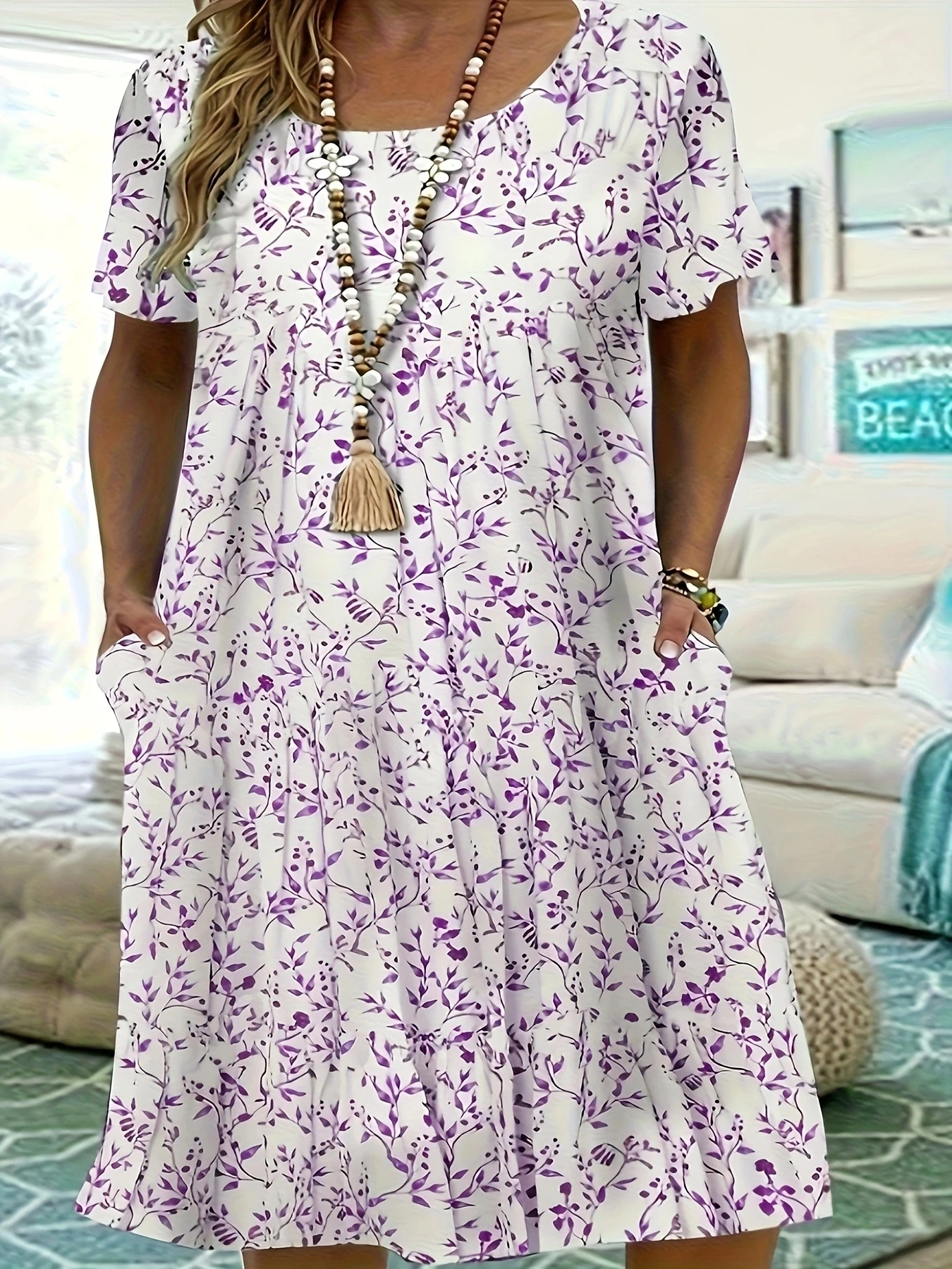

Plus Size Elegant Dress, Women's Plus Floral Print Short Sleeve Round Neck Smock Dress With PocketsNyfairy