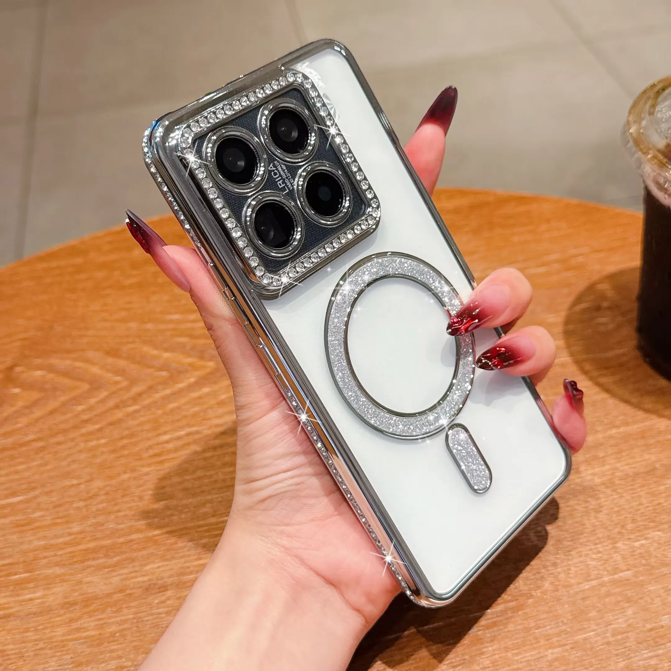 Crystal Clear Bling Magnetic Wireless Charging Phone Case with Lens Film Cover