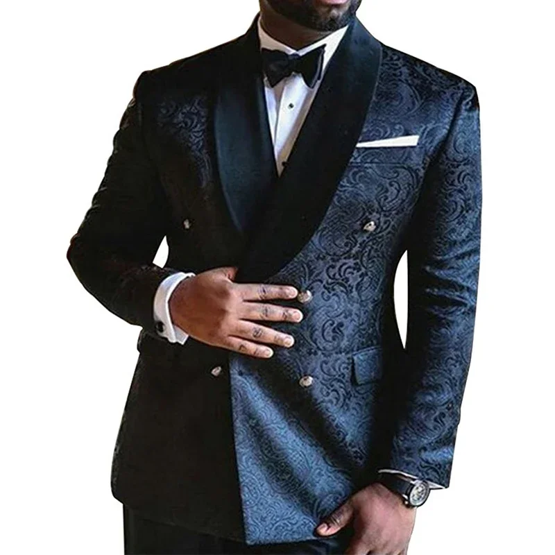 Double Breasted floral Men Suits for Wedding Slim Fit Navy Blue Groom Tuxedos 2 Pcs Set Jacket with Pants Male Fashoin Clothes mens suit