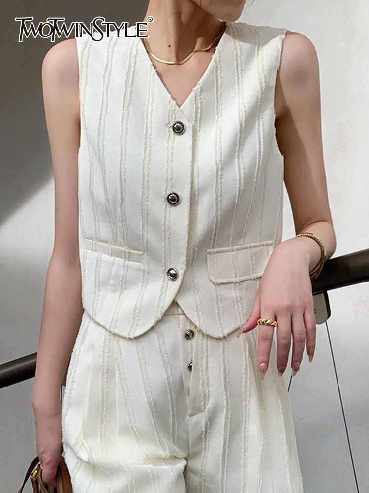 

TWOTWINSTYLE Casual Minimalist Waistcoats For Women V Neck Sleeveless Spliced Single Breasted Loose Chic Waistcoat Female New