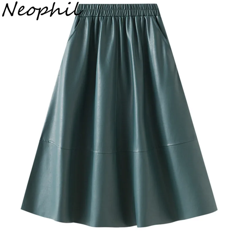 Neophil Sarong Latex Women Winter Skirts With Pockets Retro 2023 Solid Black PU Faux Leather Patchwork A-Line Midi Skirt S220707 such as su korean mini skirt female autumn winter high waist a line pockets mini skirt black vintage casual women plaid skirt