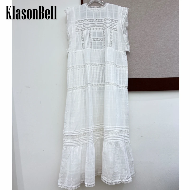 

5,16 KlasonBell милый стиль О-образный вырез без рукавов Свободное платье для женщин кружевное ажурное соединение Высокая талия праздничное длинное платье