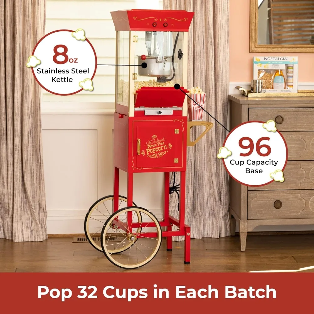 Popcorn Maker Machine, Professional Cart With 8 Oz Kettle Makes Up to 32 Cups, Vintage Popcorn Machine Movie Theater Style-Red