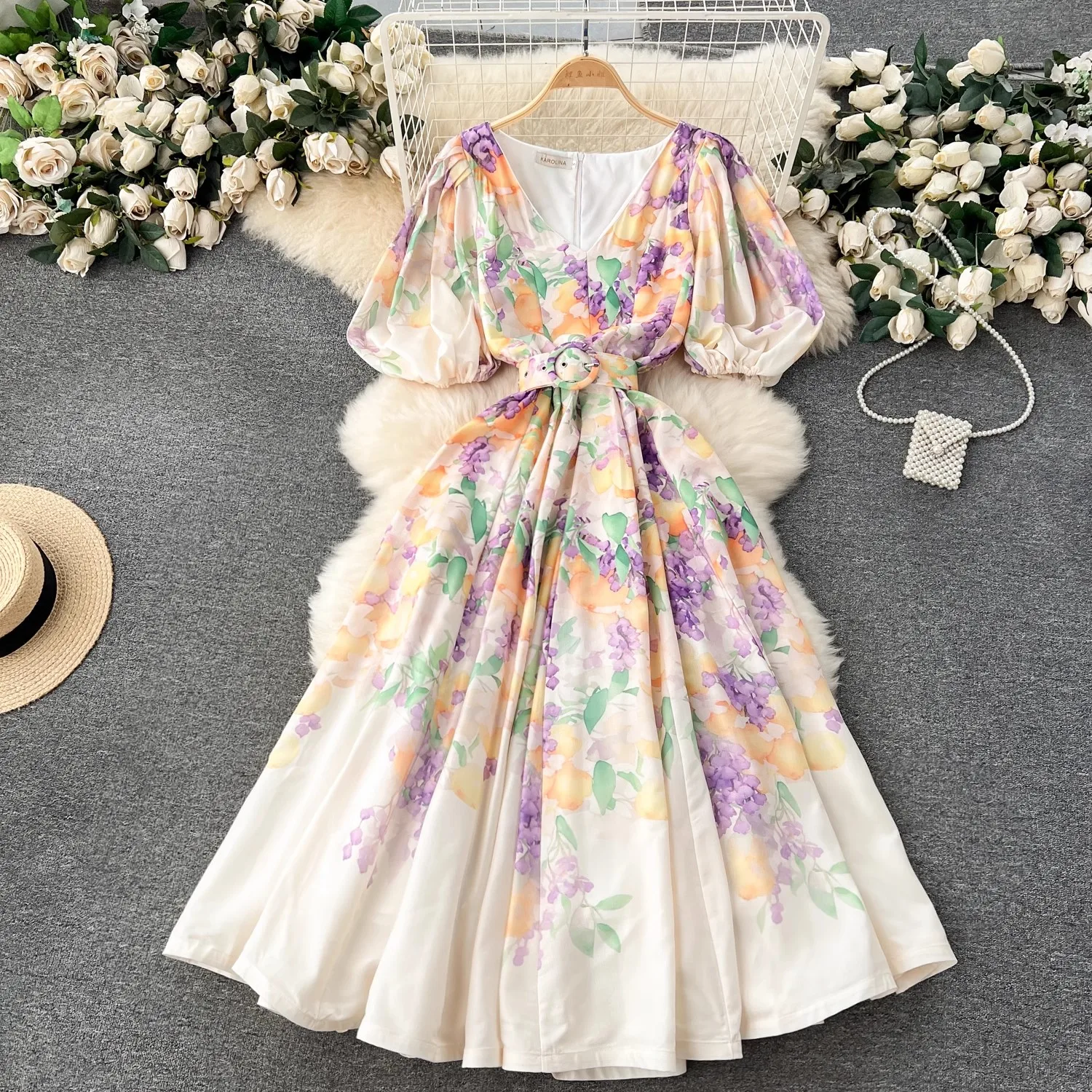 

Summer Holiday Floral Print Robe Dress Short Puff Sleeve V-Neck A-Line Belt Beach Party Vestidos Women Linen Maxi Clothes 6255