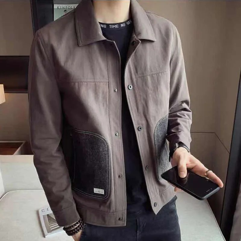 Fashion Lapel Spliced Pockets Printed Letter Coats Men's Clothing 2023 Autumn New Oversized Casual Tops Loose Korean Jackets