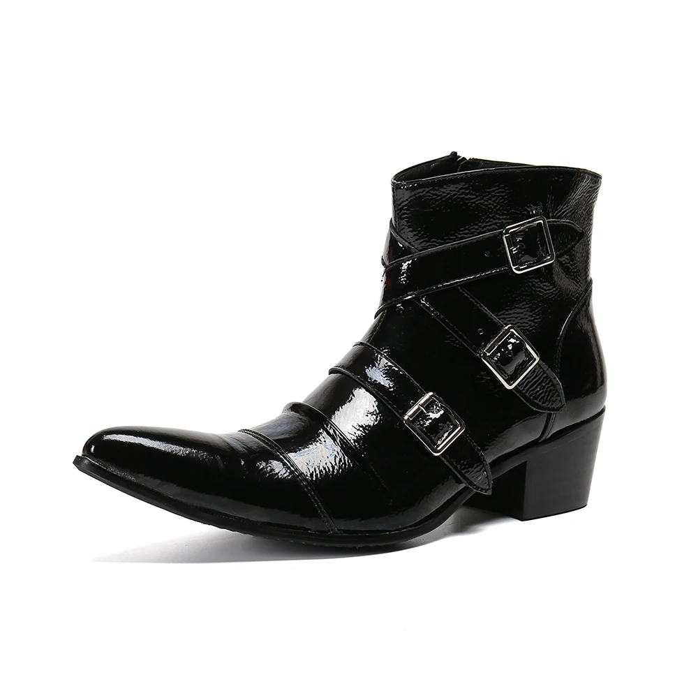 

High top Men Boots Fashion Genuine Leather Pointed toe Ankle Boots for men Buckle Black Wedding Boots