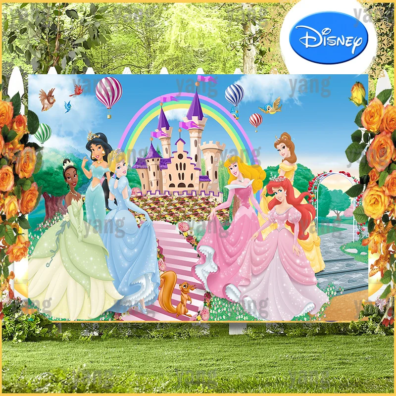 Cartone Animato Romantico Disney Princess Tiana Belle Cenerentola Aurora Rainbow Castle Sfondo Festa Di Compleanno Fotografia Sfondo