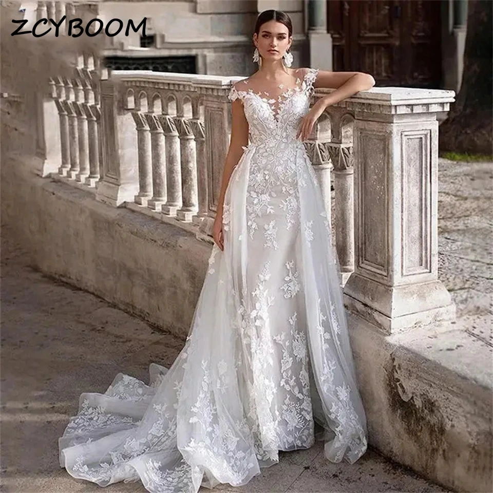 

Elegant Appliques Lace Tulle Backless A-line Wedding Dresses For Women 2024 Detachable Train Bridal Gown Vestidos De Noiva