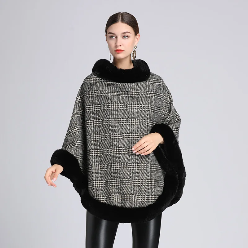 

Autumn Winter New Imitation Otter Rabbit Fur Collar Capes Pullover Women Knit Poncho Lady Capes Gray Cloak