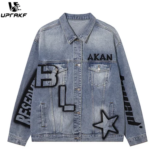 

UPRAKF Big Letter Washed Denim Jacket Retro Blue Baggy Jeans Coat Casual Outwear Tops High Street Fashion