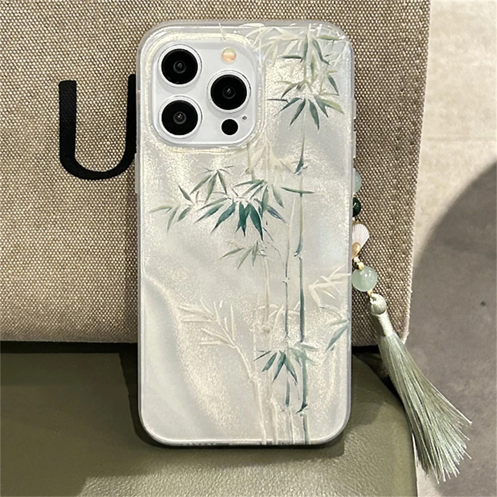 Chic Green Bamboo Feather Yarn Texture Case - Stylish & Durable Protection