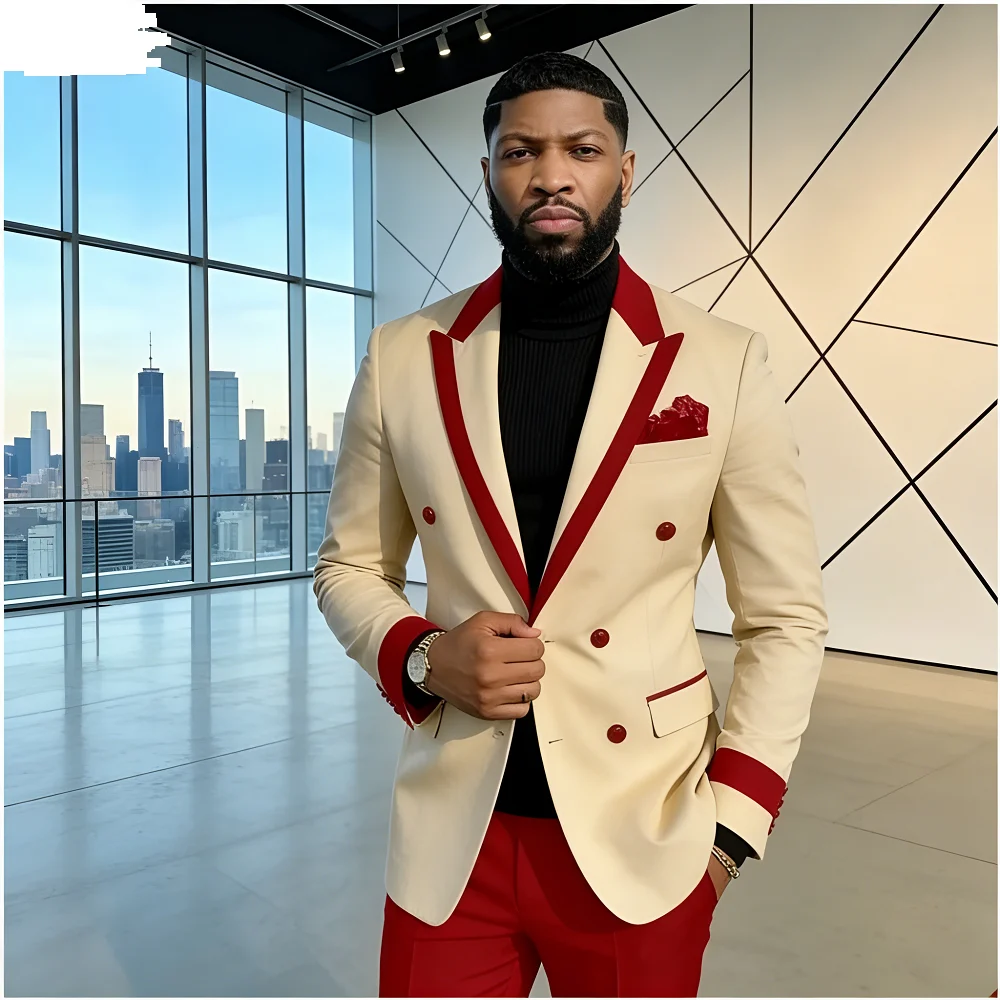 Men's Double-breasted Tailored Tuxedo White Personalized Peak Lapel Slim Fit Groomsmen Smoking Suit Casual Outfit Set