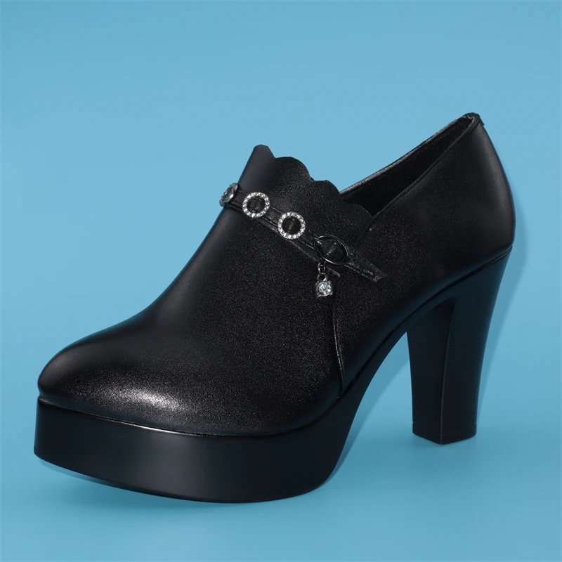 

Yancloud Quality Deep Mouth Crystal Thick Platform Pumps Spring Fall 2022 Women's Block High Heels Shoes Soft Leather Oxfords