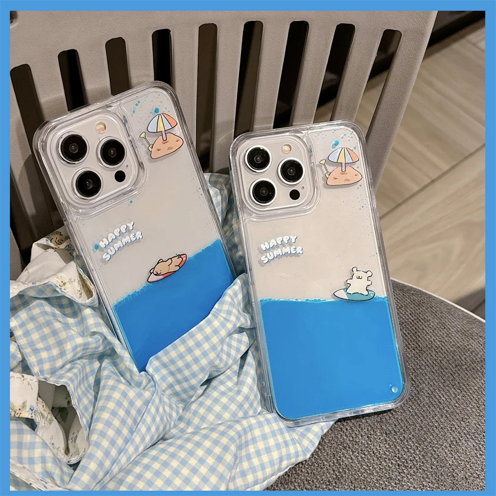 Floating Liquid Quicksand Cartoon Surfing Dog Icon Cover Per Iphone 15 Pro Max 14 11 12 13 Soft Frame Hard Back Clear Coque