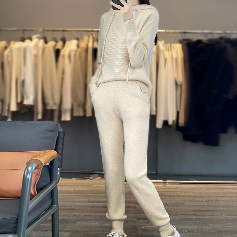 Fashion Suit Autumn Winter 100% Merino Wool Knitted High Quality Sweater Women Tops And Sports Pants Two-Piece Female Girl Cloth 2
